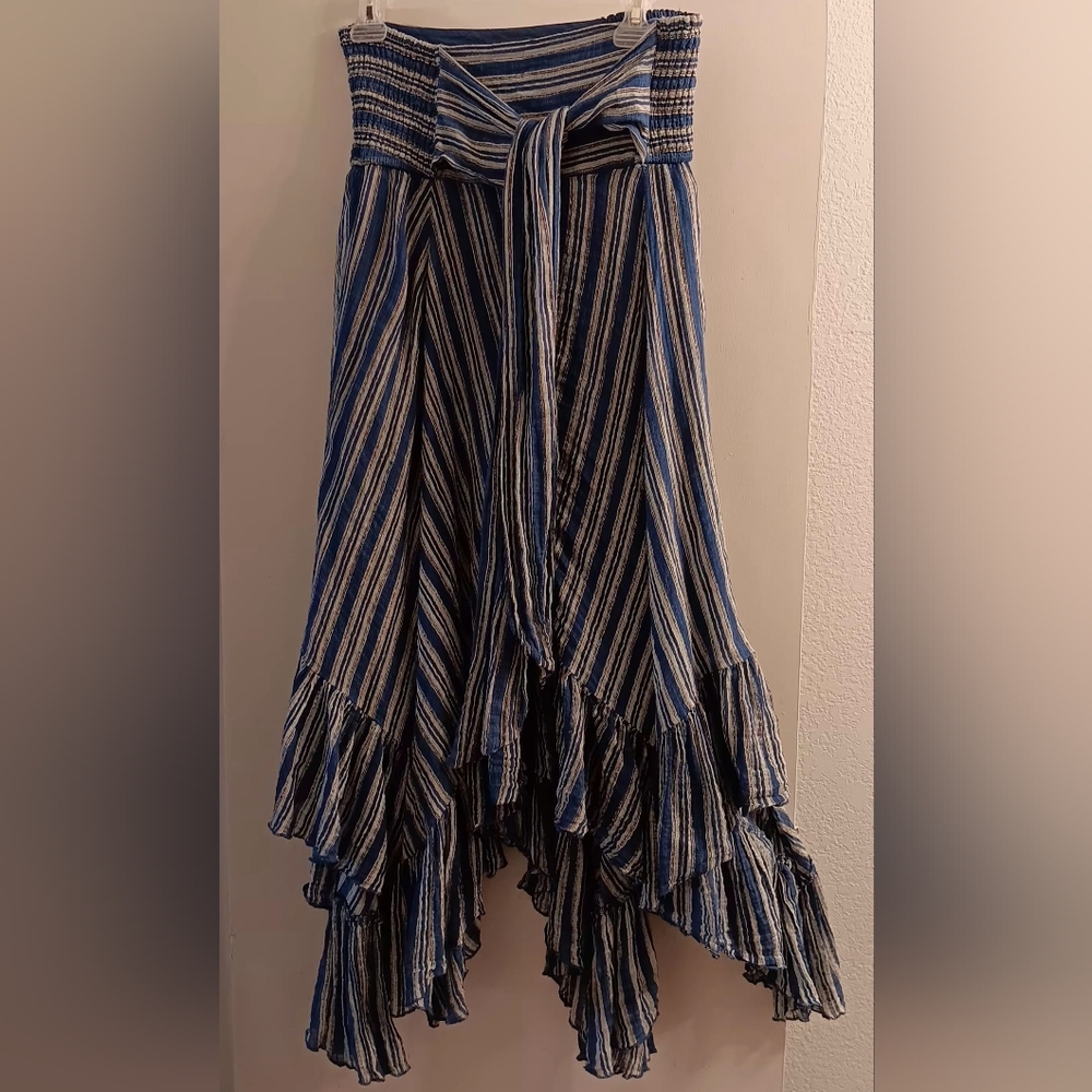 FP One Free People Giselle Striped Asymmetrical Handkerchief Maxi Skirt Blue XS